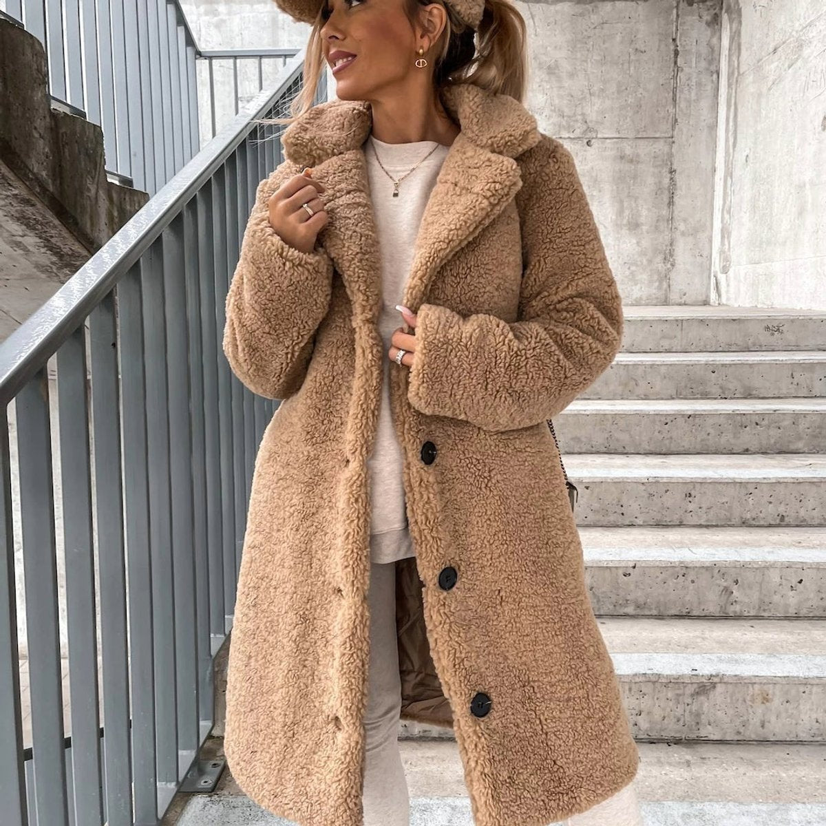 Women's Oversized Teddy Fleece Long Coat Puffer Jacket - Beige