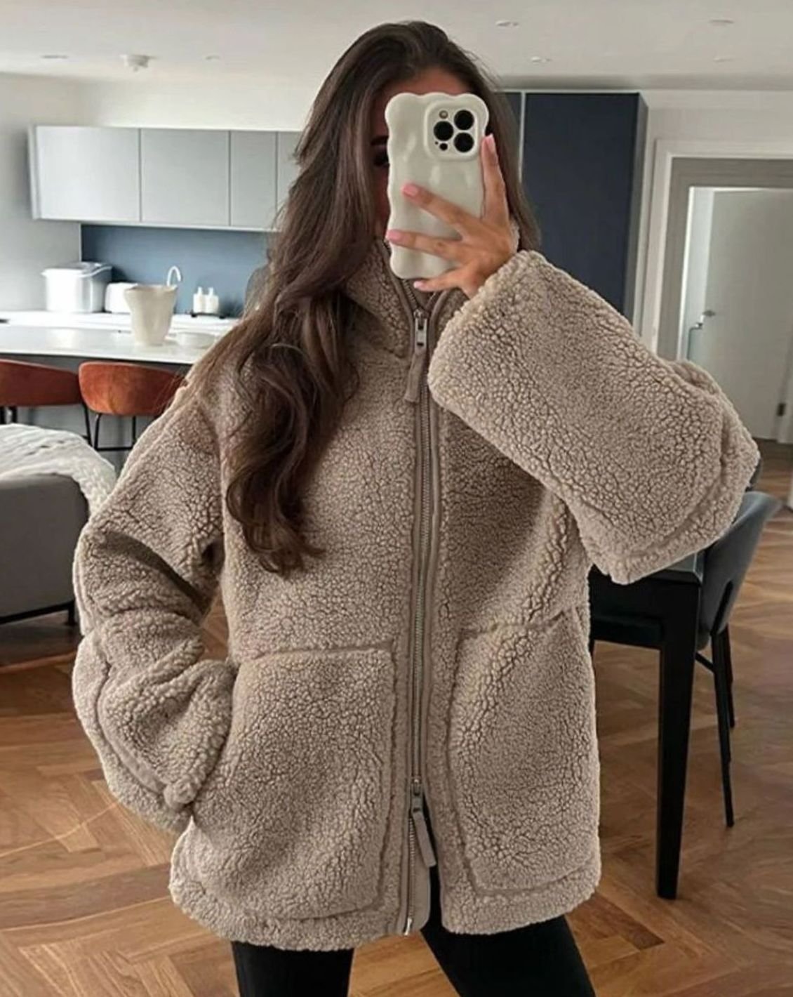 Women's Oversized Teddy Fleece Zip-Up Jacket - Brown