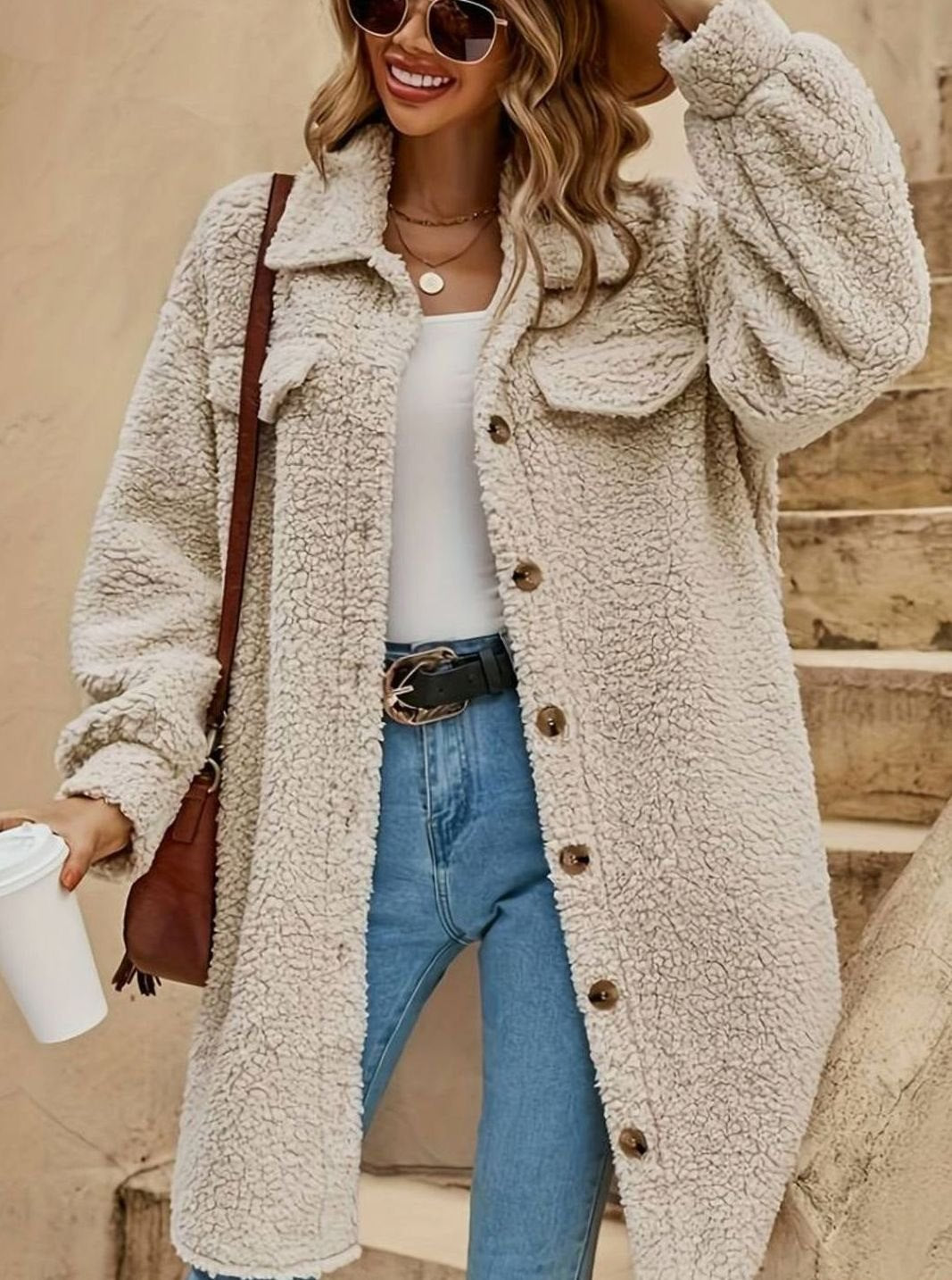 Women's Oversized Teddy Sherpa Long Button-Down Coat