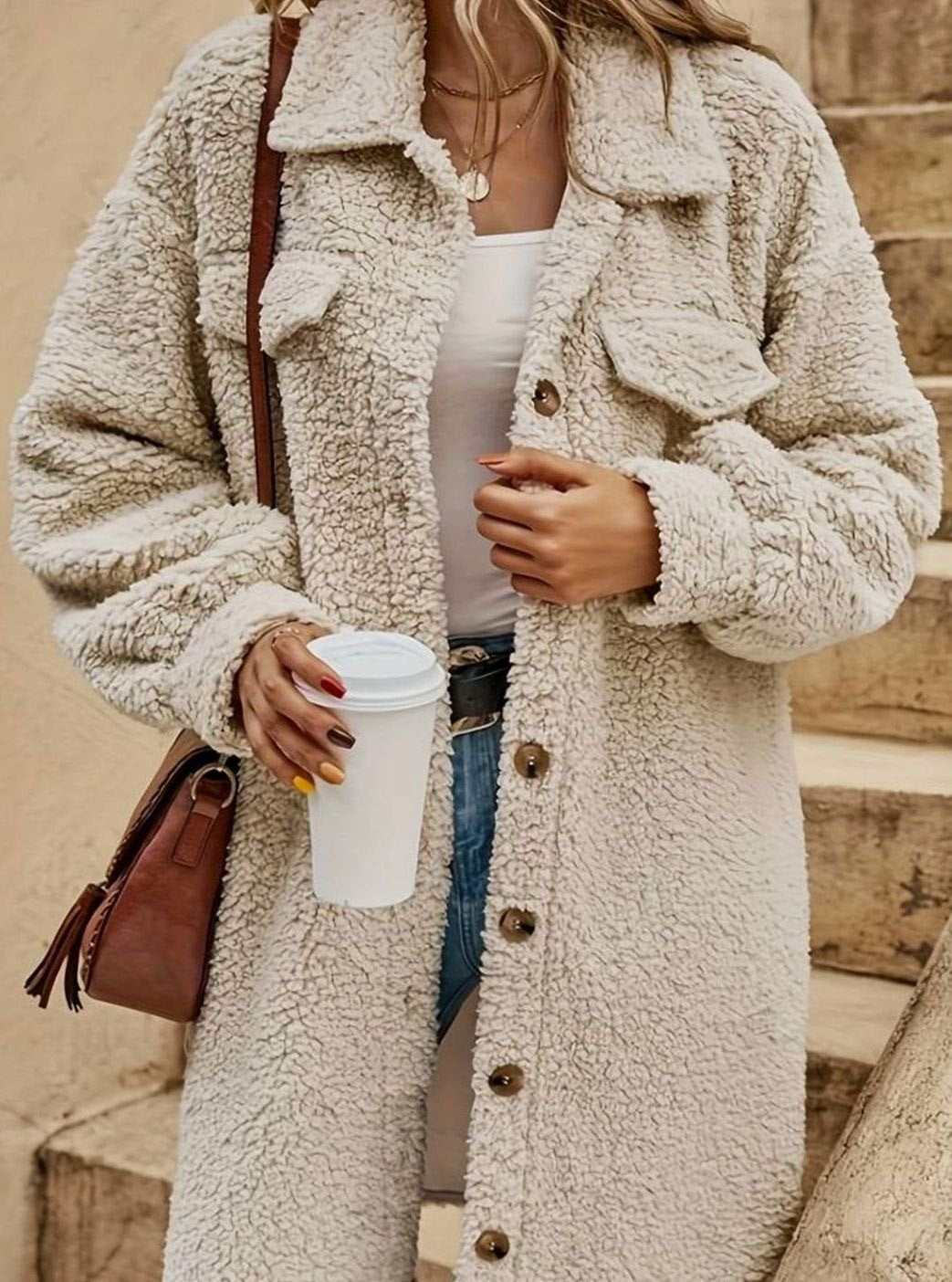Women's Oversized Teddy Sherpa Long Button-Down Coat - Beige