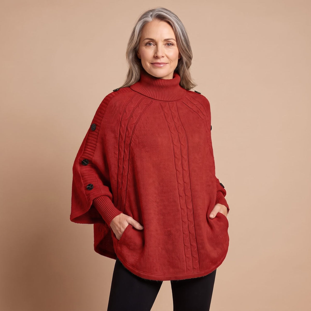 Women's Oversized Turtleneck Cable-Knit Batwing Sleeve Jumper - Red