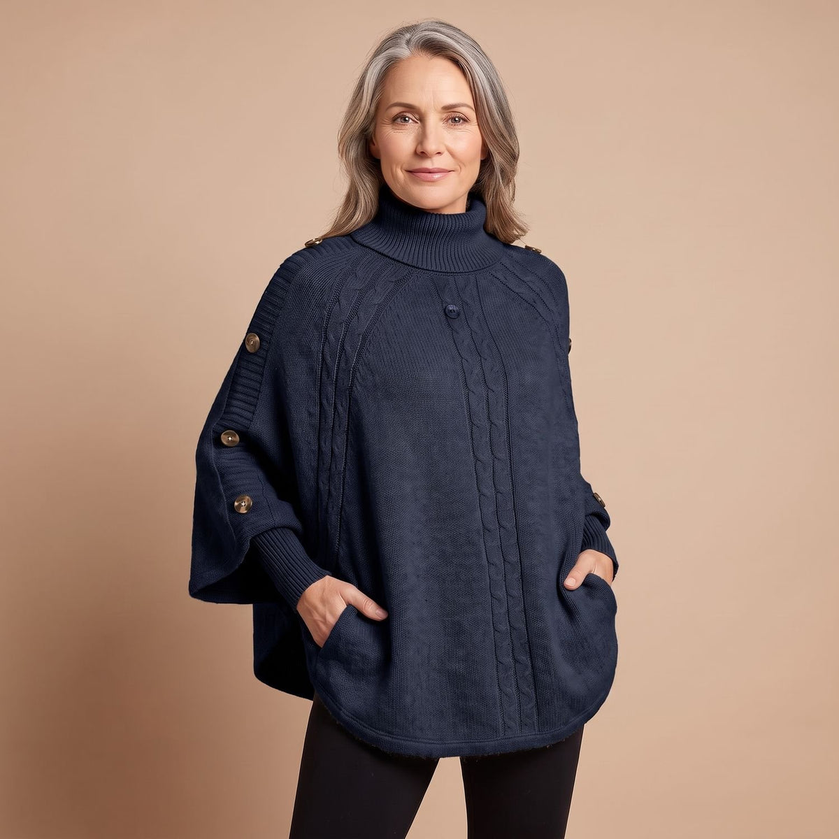 Women's Oversized Turtleneck Cable-Knit Batwing Sleeve Jumper - Blue