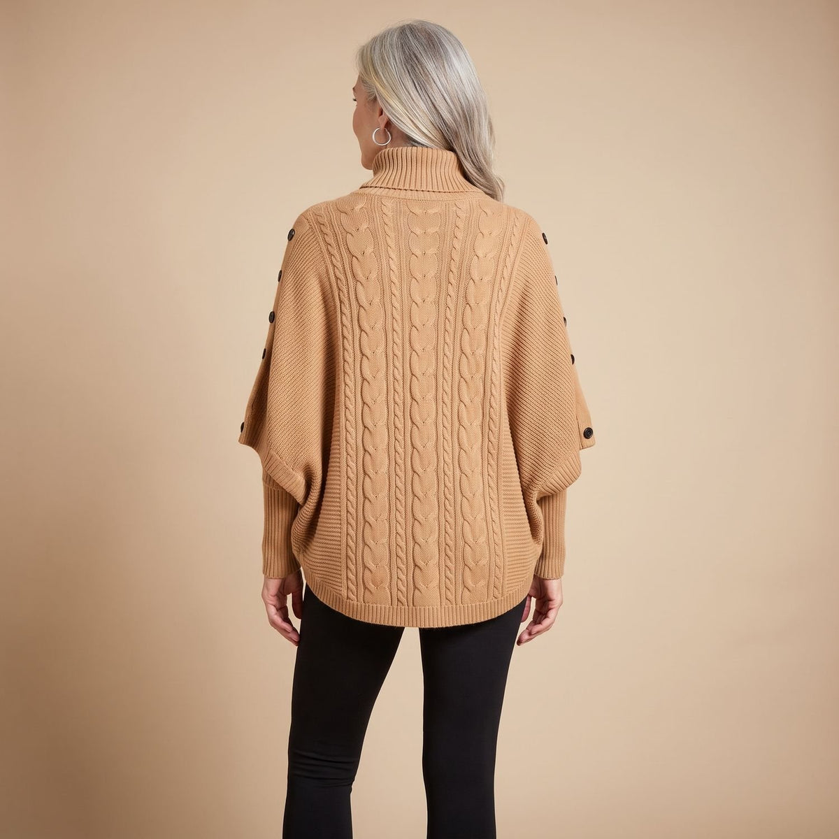 Women's Oversized Turtleneck Cable-Knit Batwing Sleeve Jumper