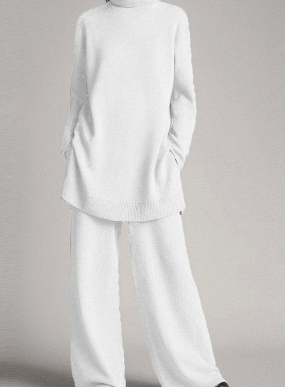 Women's Oversized Turtleneck Knit Lounge Set Wide-Leg Trousers - White