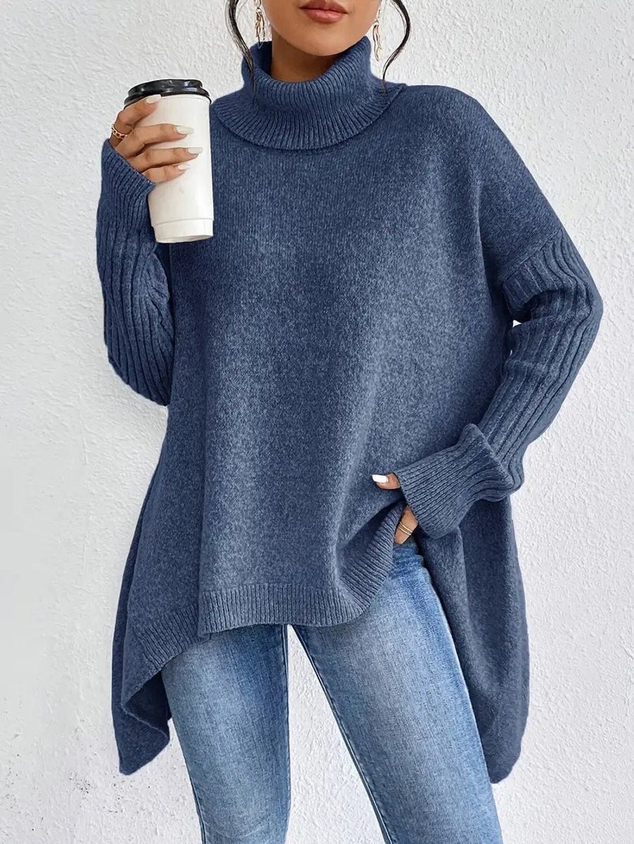 Women's Oversized Turtleneck Sweater Long Ribbed Knit Jumper - Ocean Blue