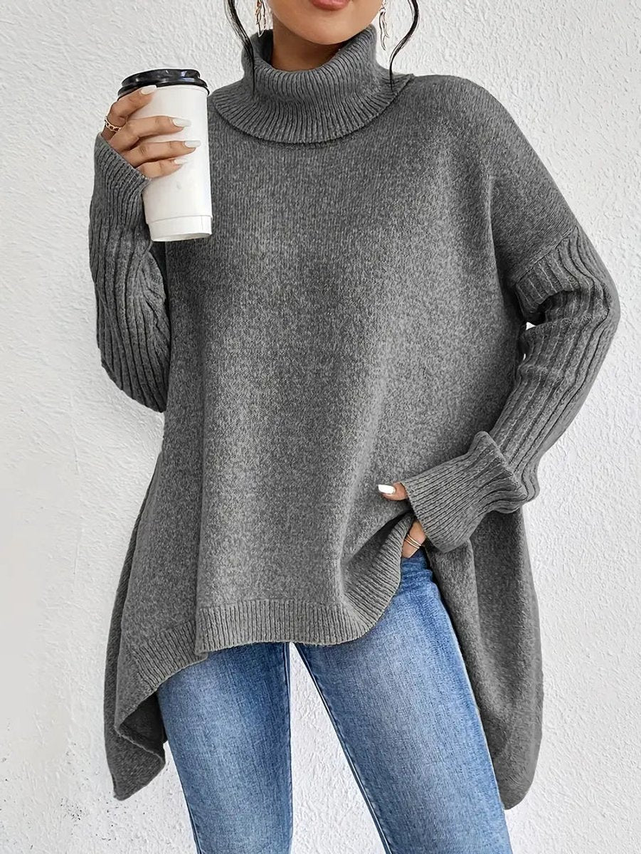 Women's Oversized Turtleneck Sweater Long Ribbed Knit Jumper - Stone Grey