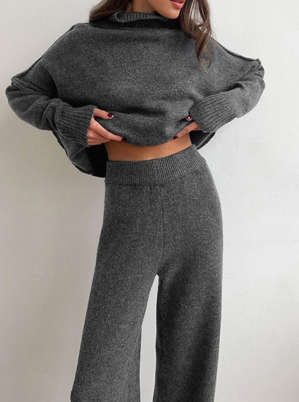 Women's Oversized Turtleneck Wide-Leg Knit Lounge Set - Grey