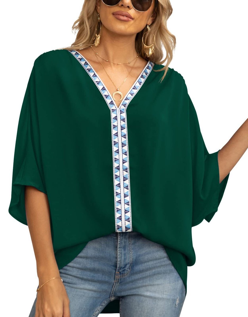 Women's Oversized V-Neck Geometric Trim Relaxed Tunic Top - Dunkelgrün