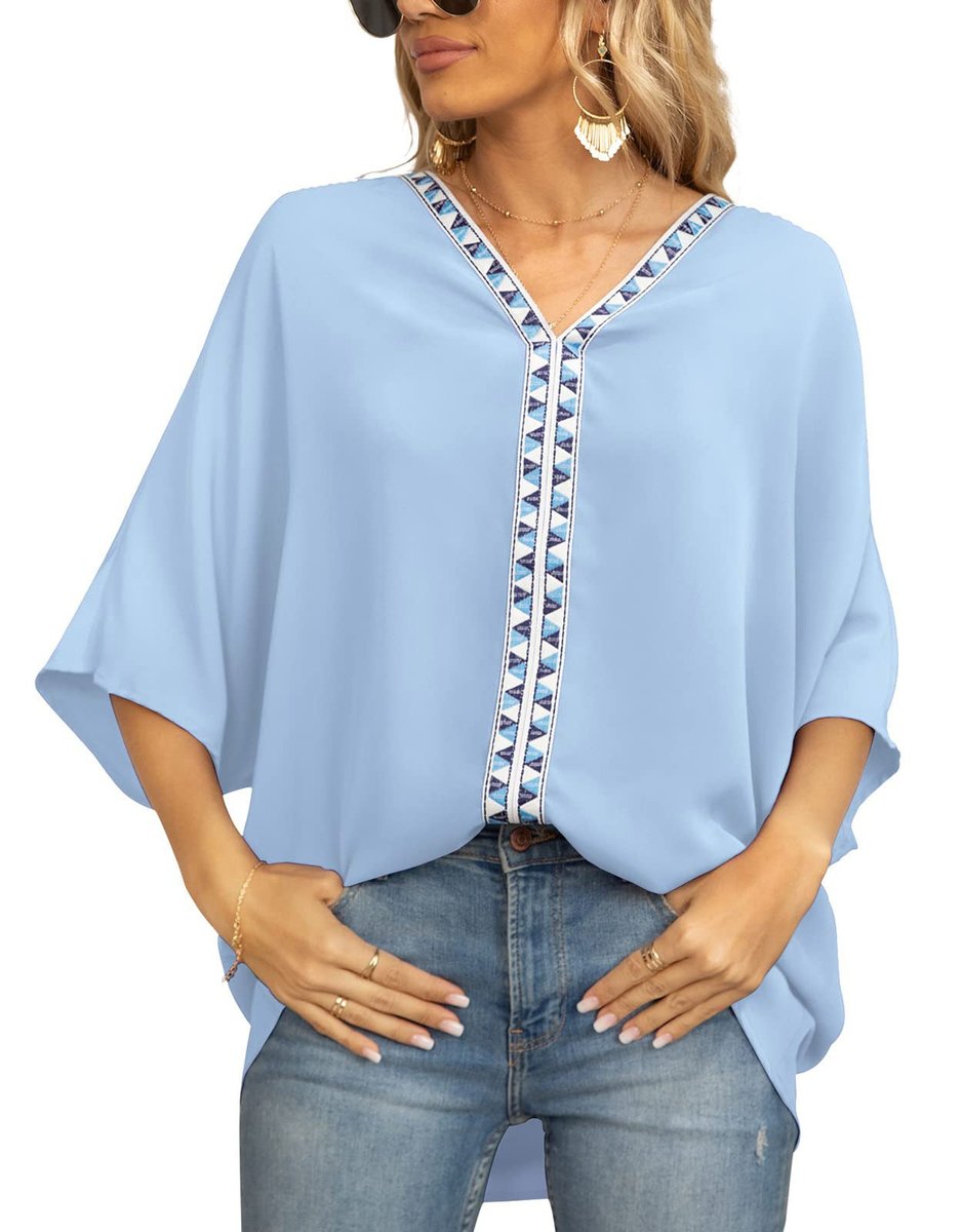 Women's Oversized V-Neck Geometric Trim Relaxed Tunic Top - 浅蓝色