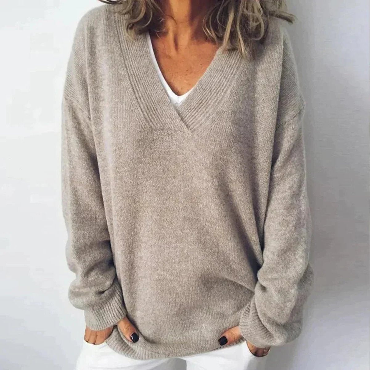 Women's Oversized V-Neck Knit Sweater Soft Relaxed Jumper