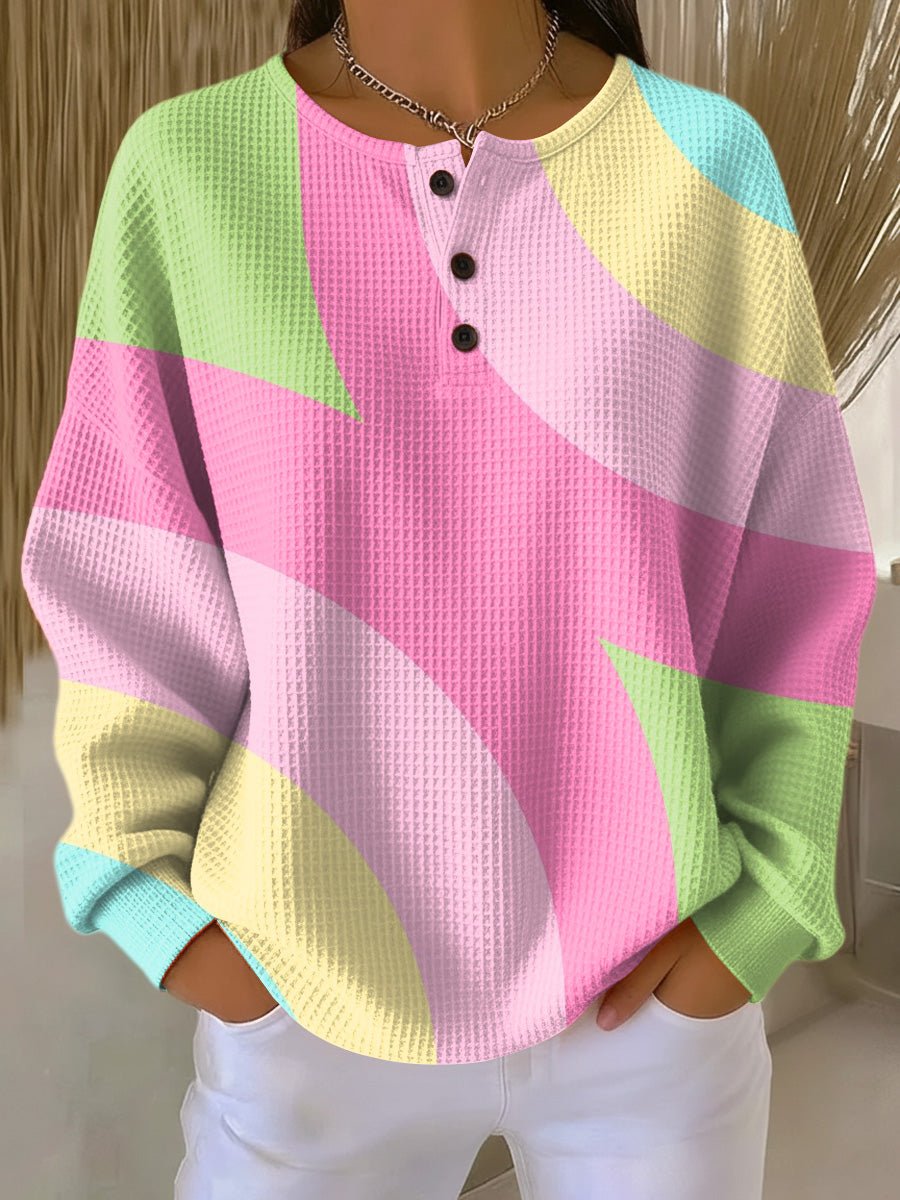 Women's Pastel Colour Block Waffle Knit Henley Pullover Sweater - Light Pink