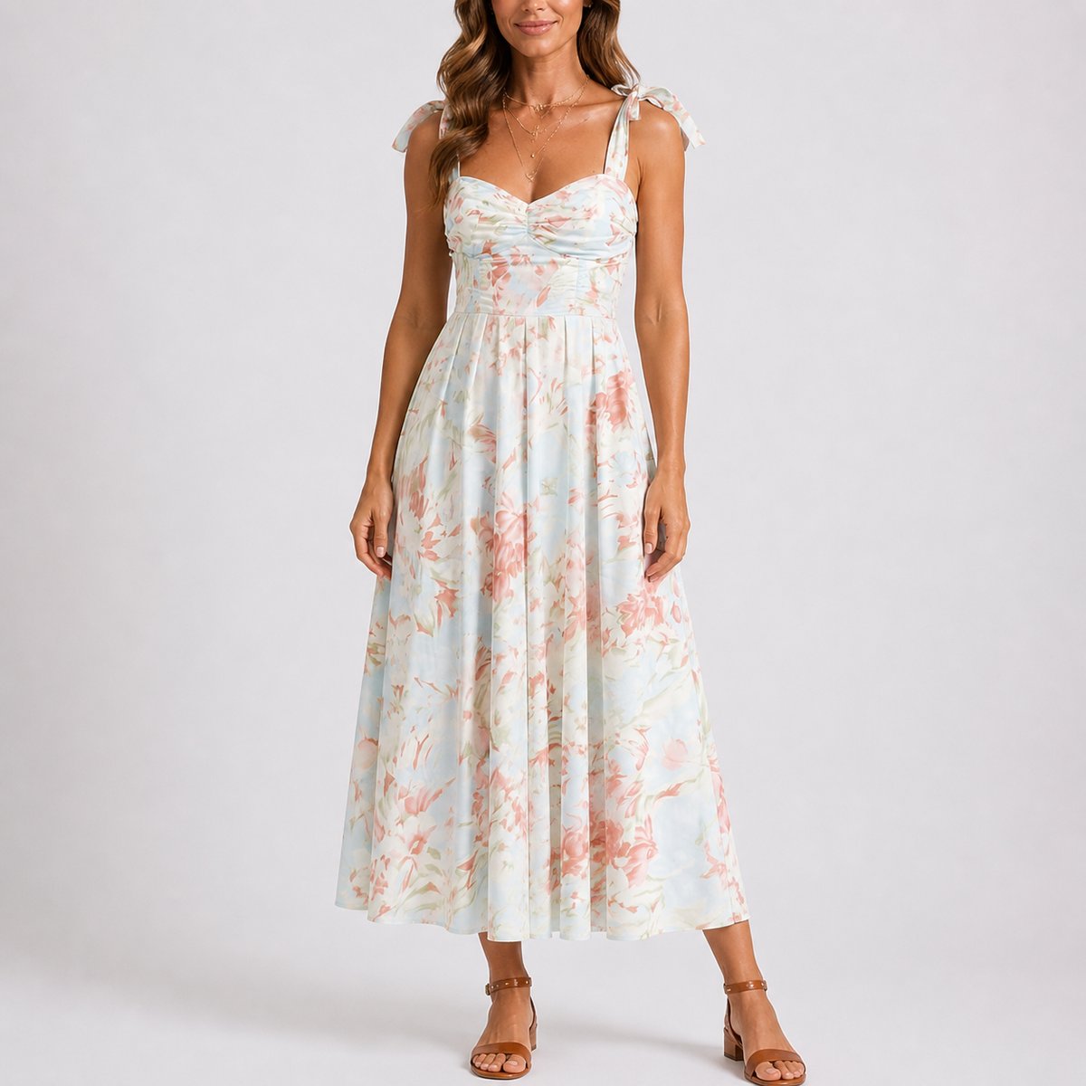 Women's Pastel Floral Ruched Sweetheart Tie-Shoulder Midi Dress - Floral
