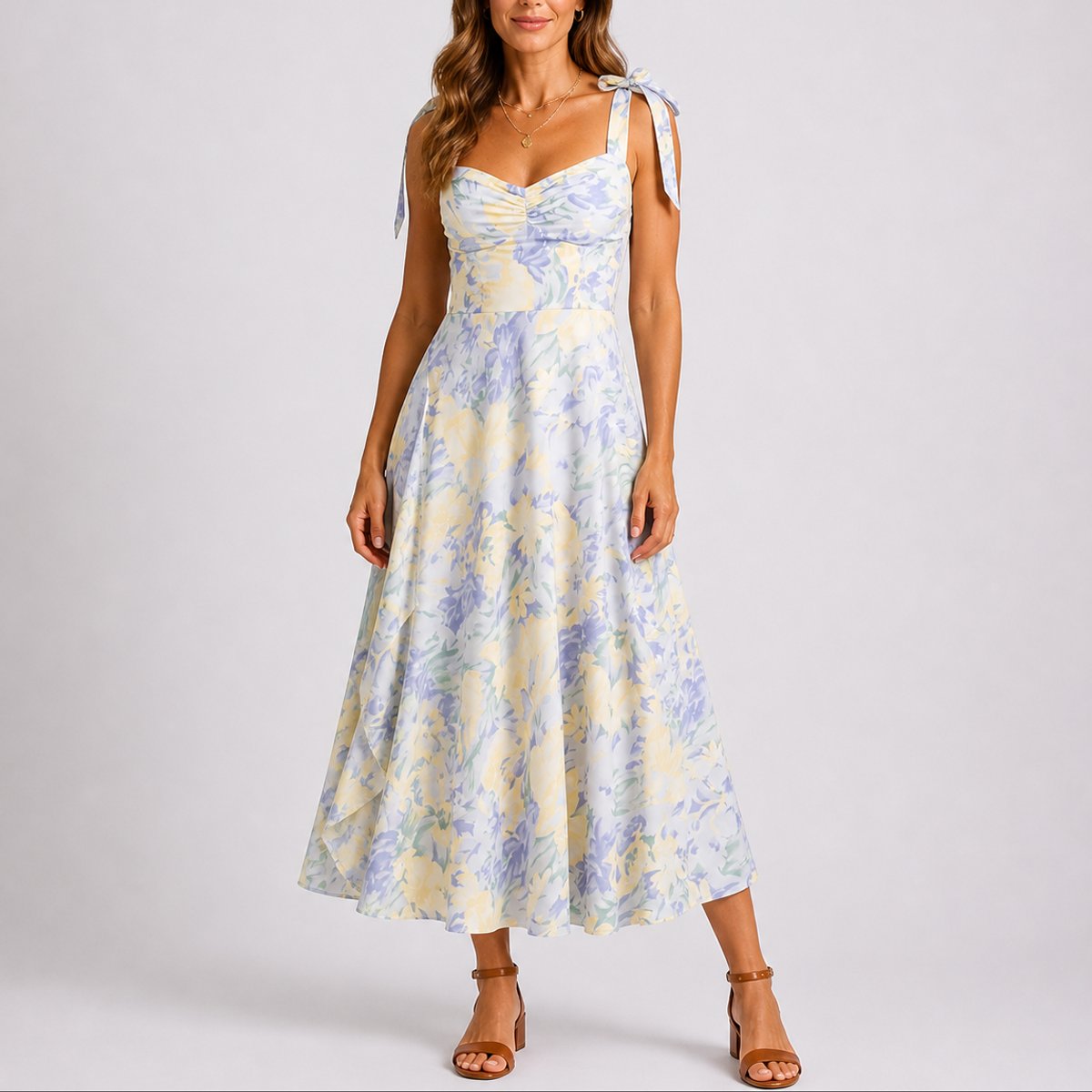 Women's Pastel Floral Ruched Sweetheart Tie-Shoulder Midi Dress - Floral White