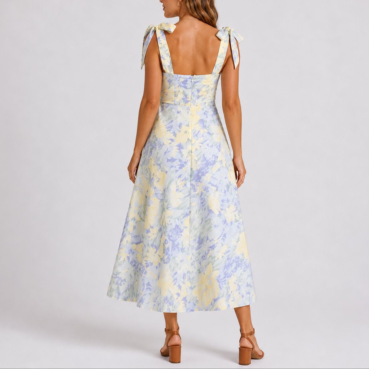 Women's Pastel Floral Ruched Sweetheart Tie-Shoulder Midi Dress