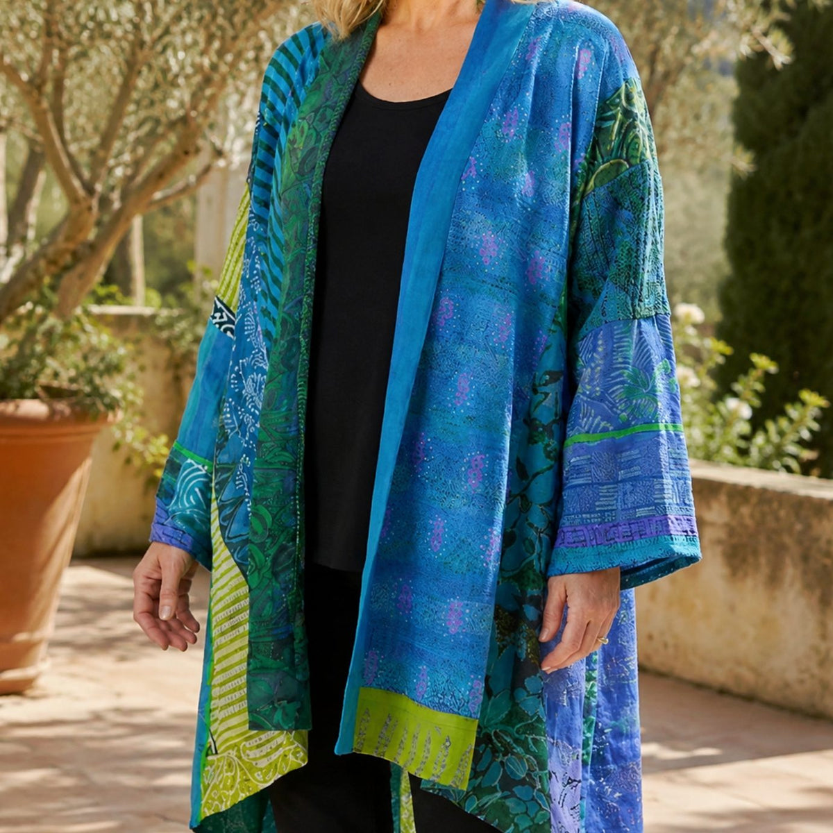 Women's Patchwork Open-Front Longline Kimono Cardigan - Blue