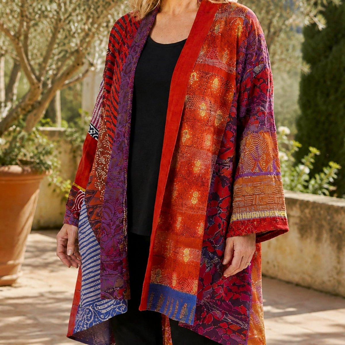 Women's Patchwork Open-Front Longline Kimono Cardigan - Red