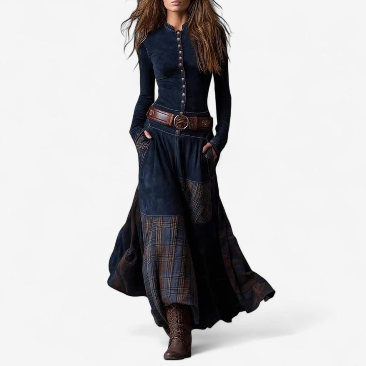 Women's Patchwork Plaid Suede Maxi Long Sleeve Dress - Royal Blue
