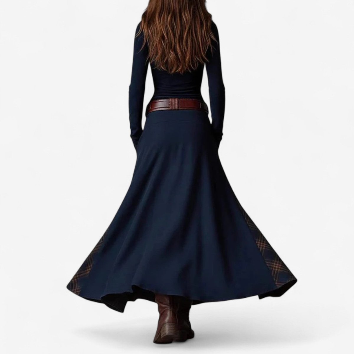 Women's Patchwork Plaid Suede Maxi Long Sleeve Dress