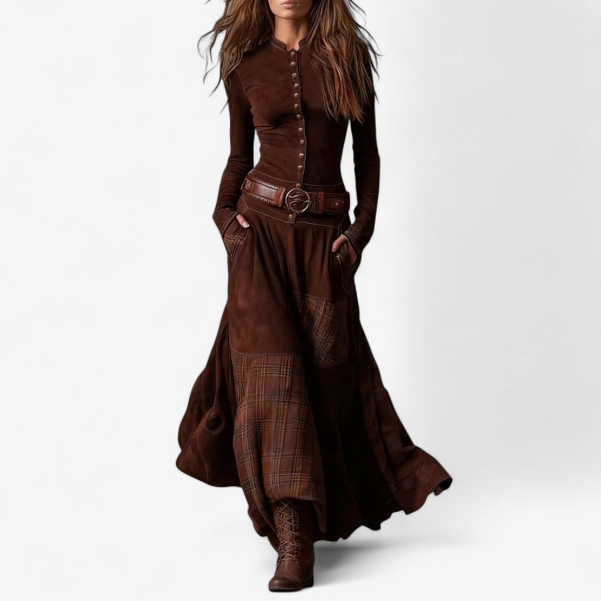 Women's Patchwork Plaid Suede Maxi Long Sleeve Dress - Red