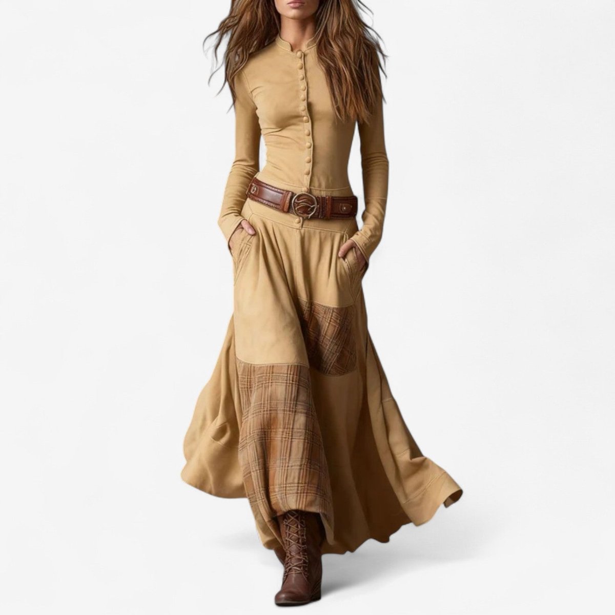 Women's Patchwork Plaid Suede Maxi Long Sleeve Dress - Apricot