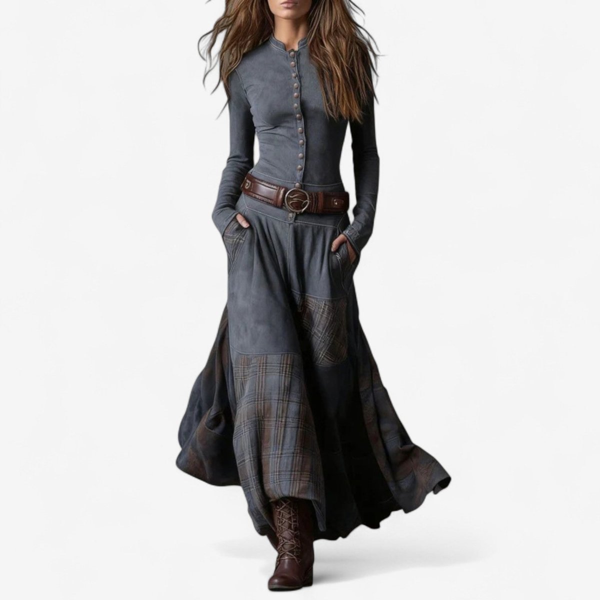 Women's Patchwork Plaid Suede Maxi Long Sleeve Dress - Grey