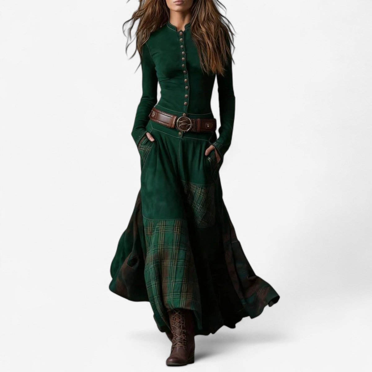 Women's Patchwork Plaid Suede Maxi Long Sleeve Dress - Green