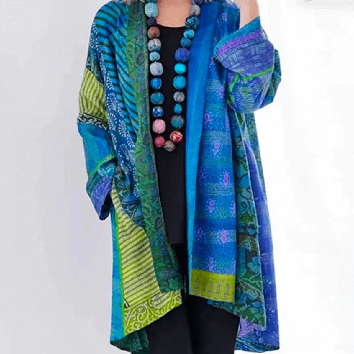 Women's Patchwork Print Open-Front Longline Cardigan Jumper - Blue