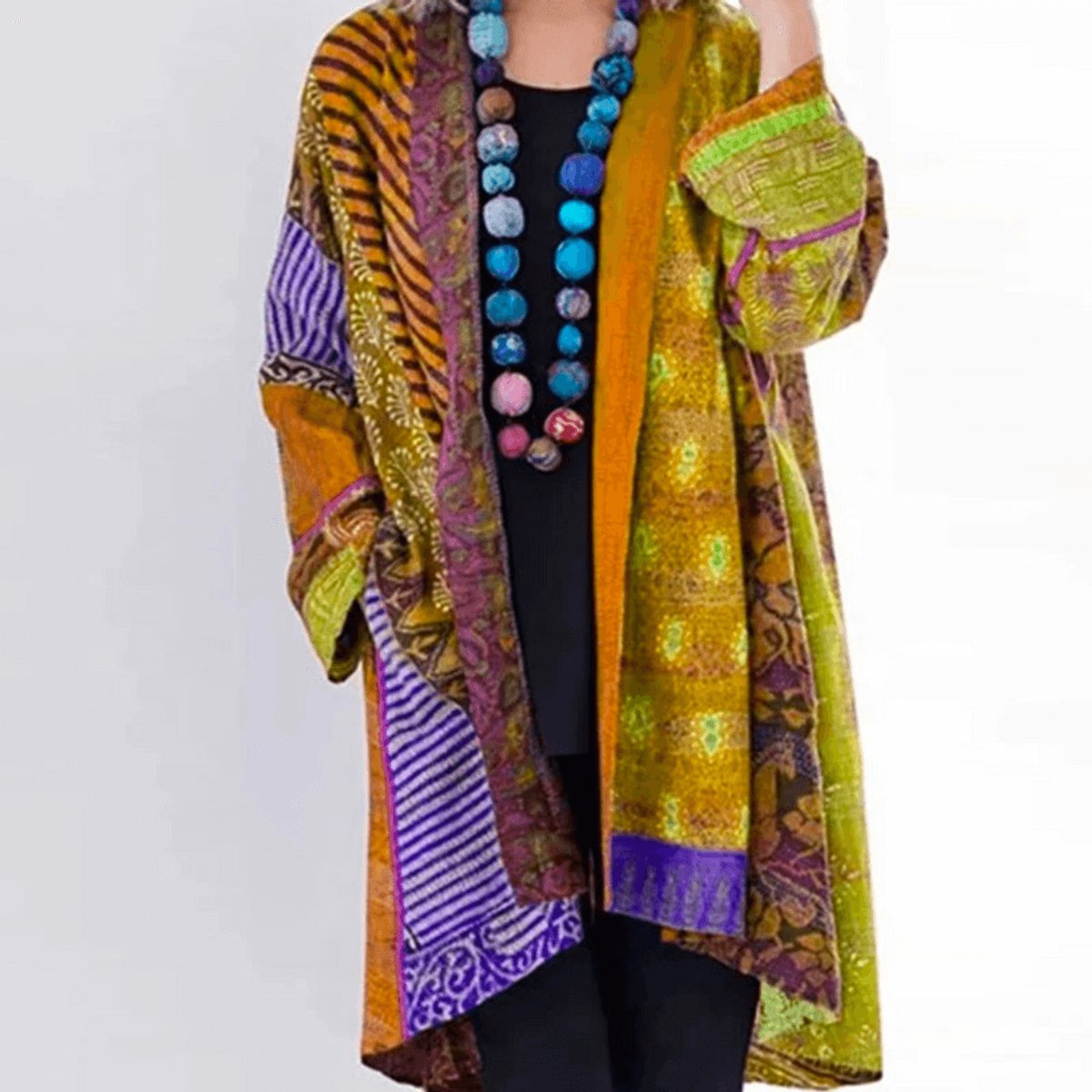 Women's Patchwork Print Open-Front Longline Cardigan Jumper - Yellow