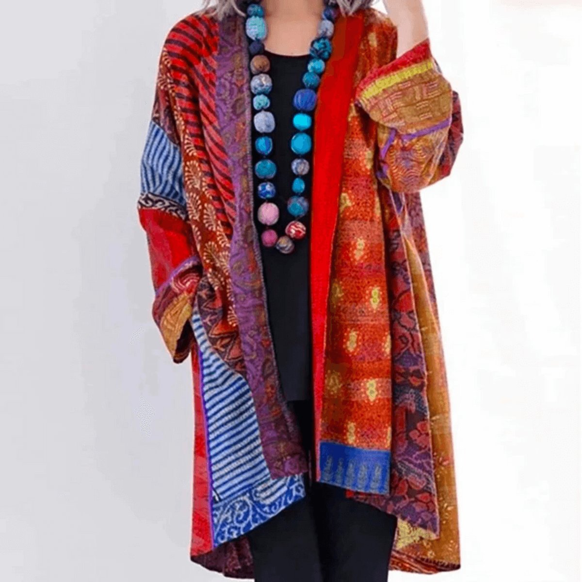 Women's Patchwork Print Open-Front Longline Cardigan Jumper - Red