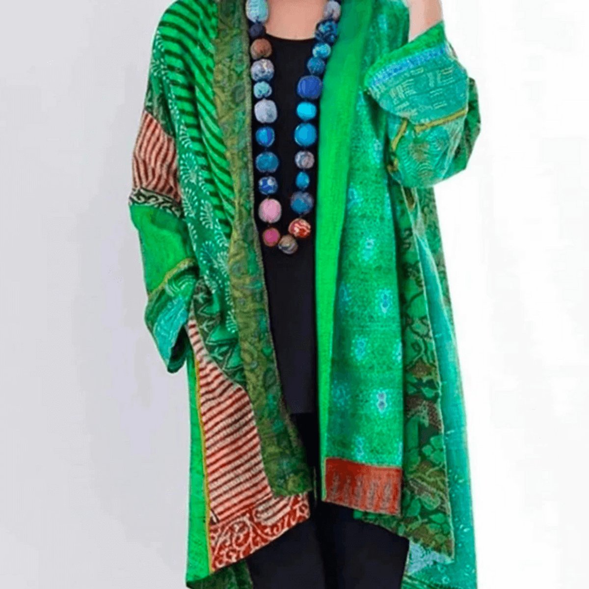 Women's Patchwork Print Open-Front Longline Cardigan Jumper - Green