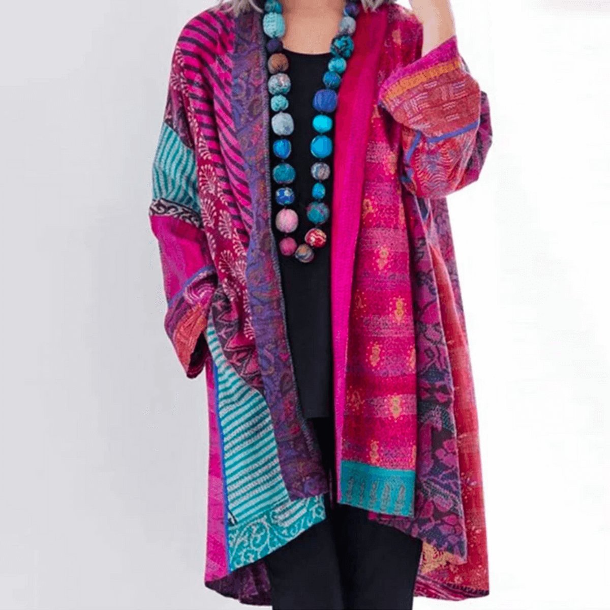Women's Patchwork Print Open-Front Longline Cardigan Jumper - Pink