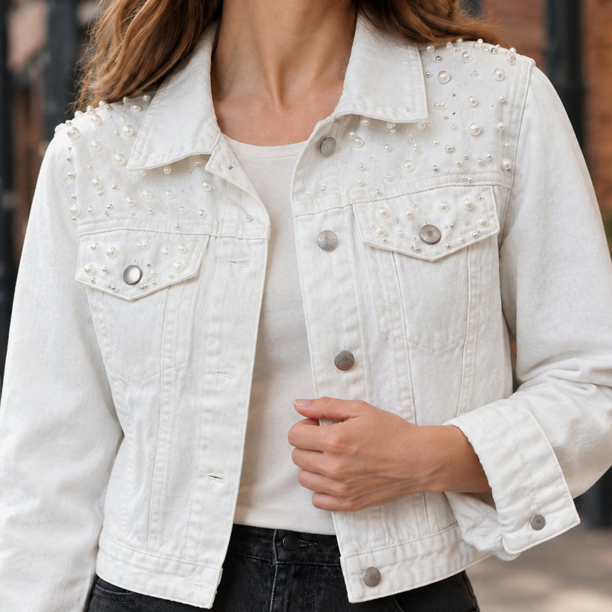 Women's Pearl-Embellished Cropped Denim Jacket