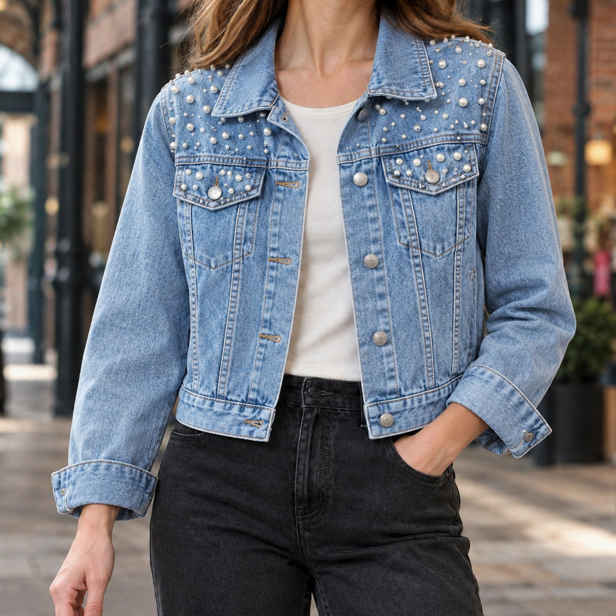 Women's Pearl-Embellished Cropped Denim Jacket - Light Blue