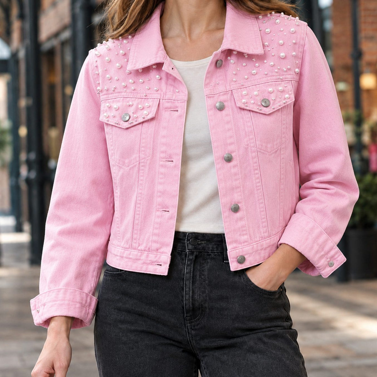 Women's Pearl-Embellished Cropped Denim Jacket - Pink