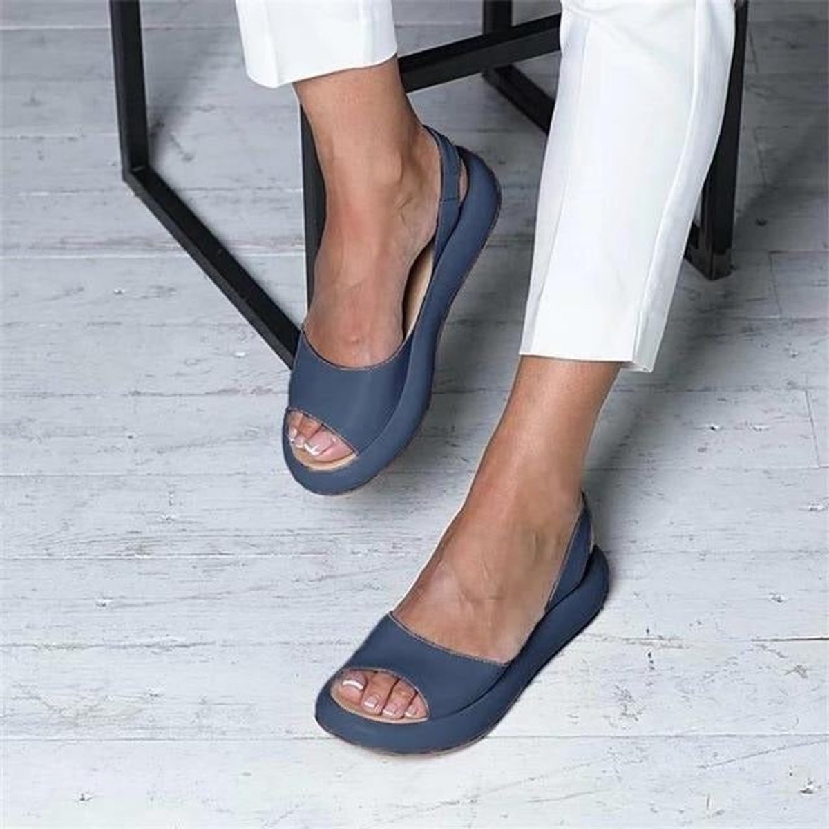 Women's Peep Toe Slingback Comfortable Sandals Cushioned Flat - Blue