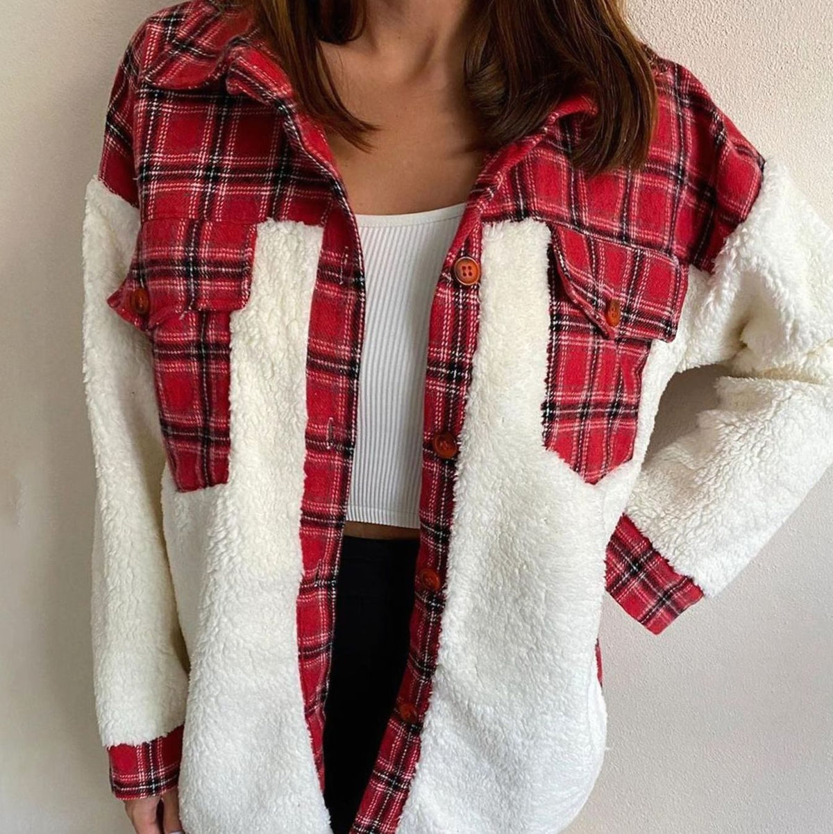 Women's Plaid Fleece-Lined Button-Up Shacket - Red