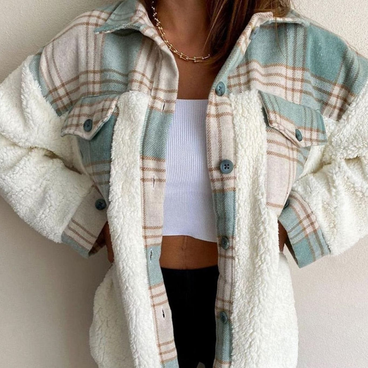 Women's Plaid Fleece-Lined Button-Up Shacket - Green