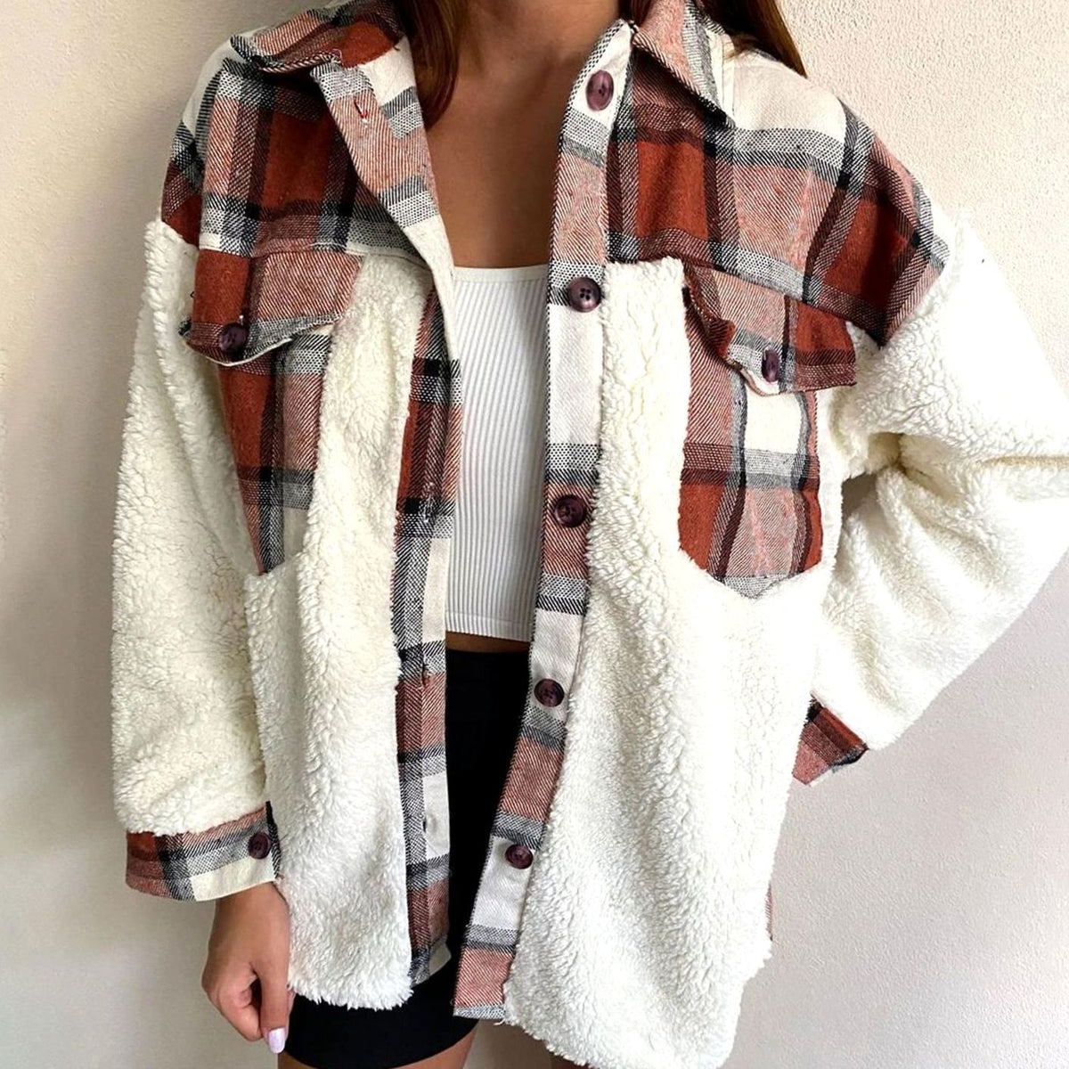 Women's Plaid Fleece-Lined Button-Up Shacket - Copper Brown