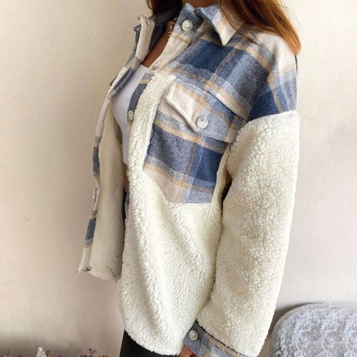 Women's Plaid Fleece-Lined Button-Up Shacket