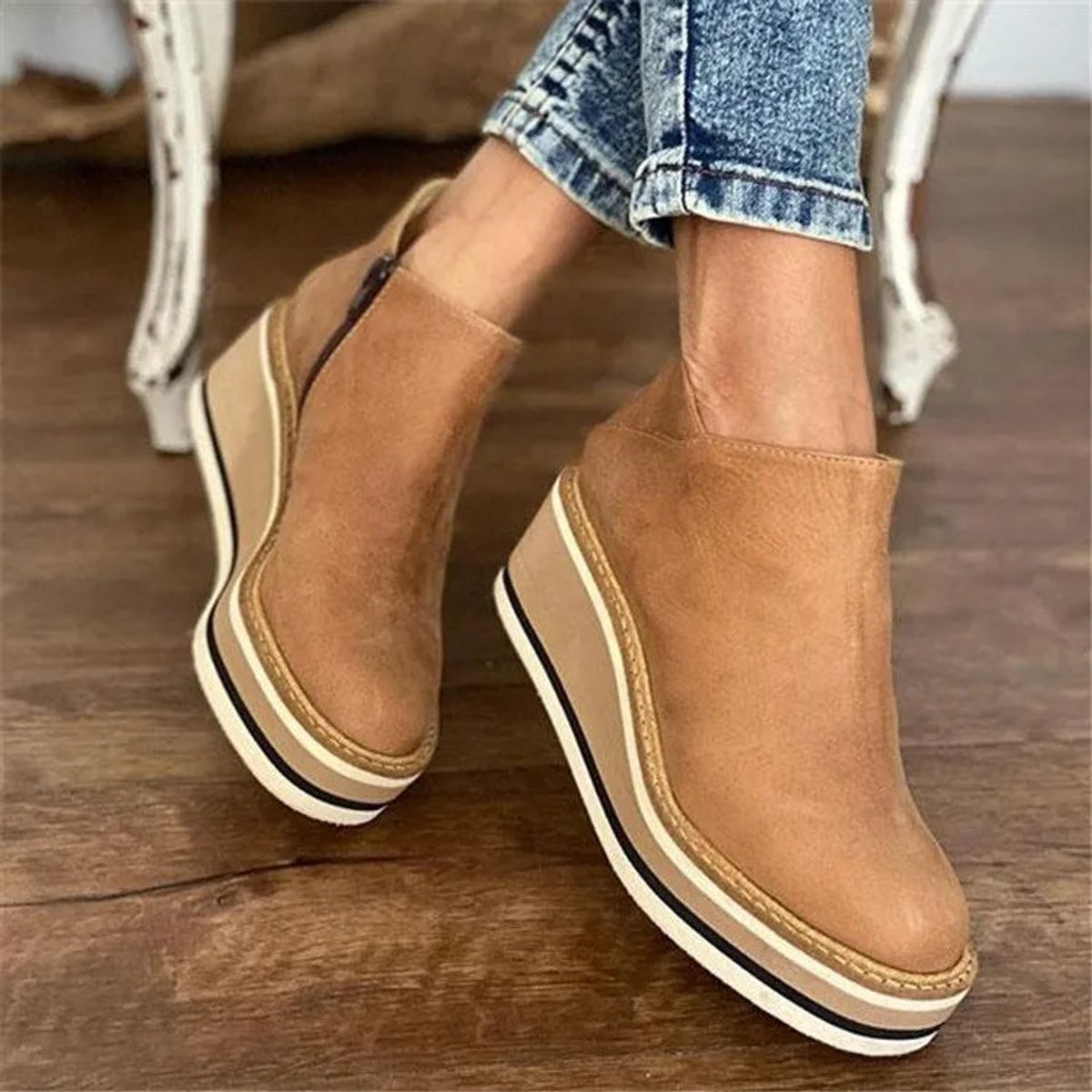 Women's Platform Wedge Zip-Up Ankle Boots - Beige