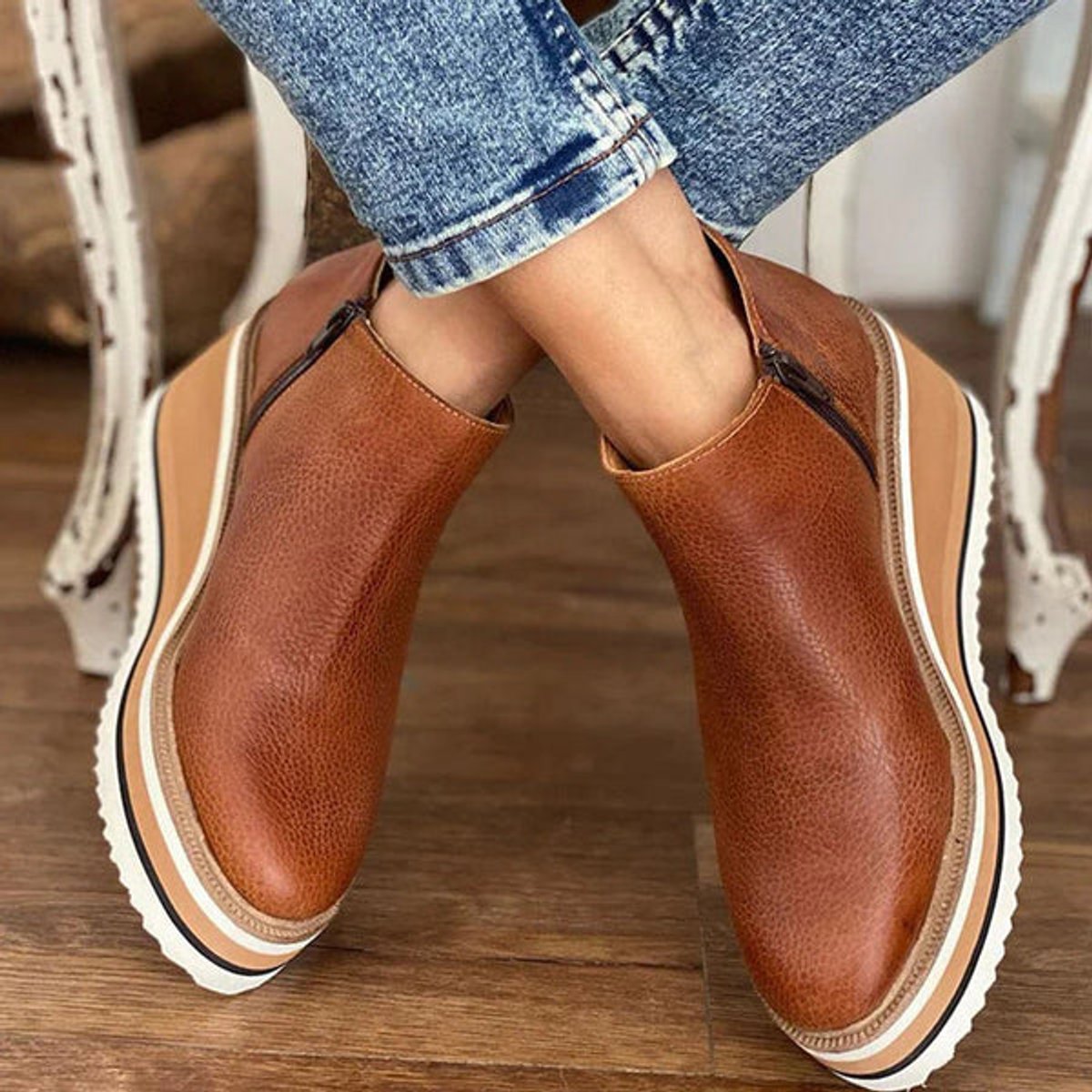 Women's Platform Wedge Zip-Up Ankle Boots - Dark Brown