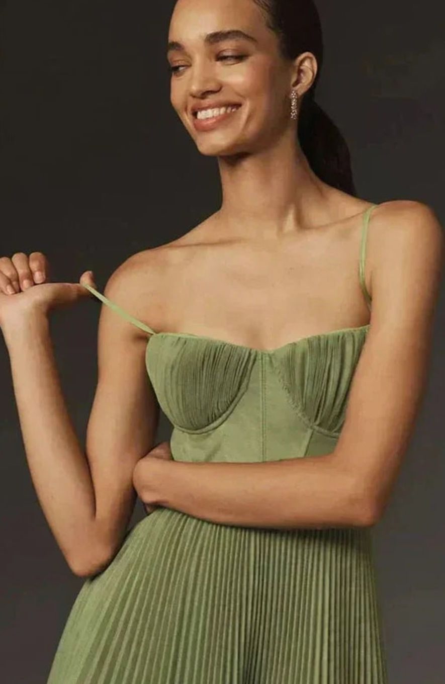 Women's Pleated Bustier Midi Dress Adjustable Spaghetti Straps