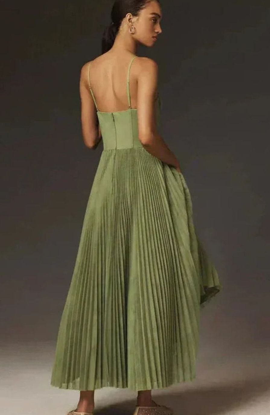 Women's Pleated Bustier Midi Dress Adjustable Spaghetti Straps