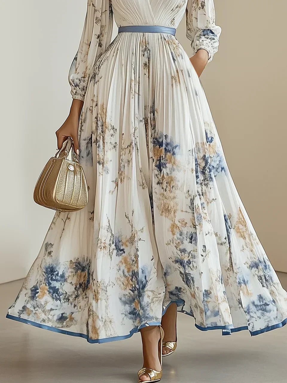 Women's Pleated Floral-Print Deep V-Neck Puff-Sleeve Maxi Dress