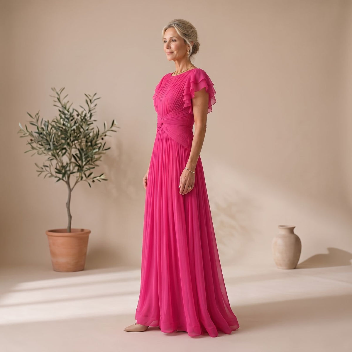 Women's Pleated Flutter-Sleeve Maxi Evening Gown