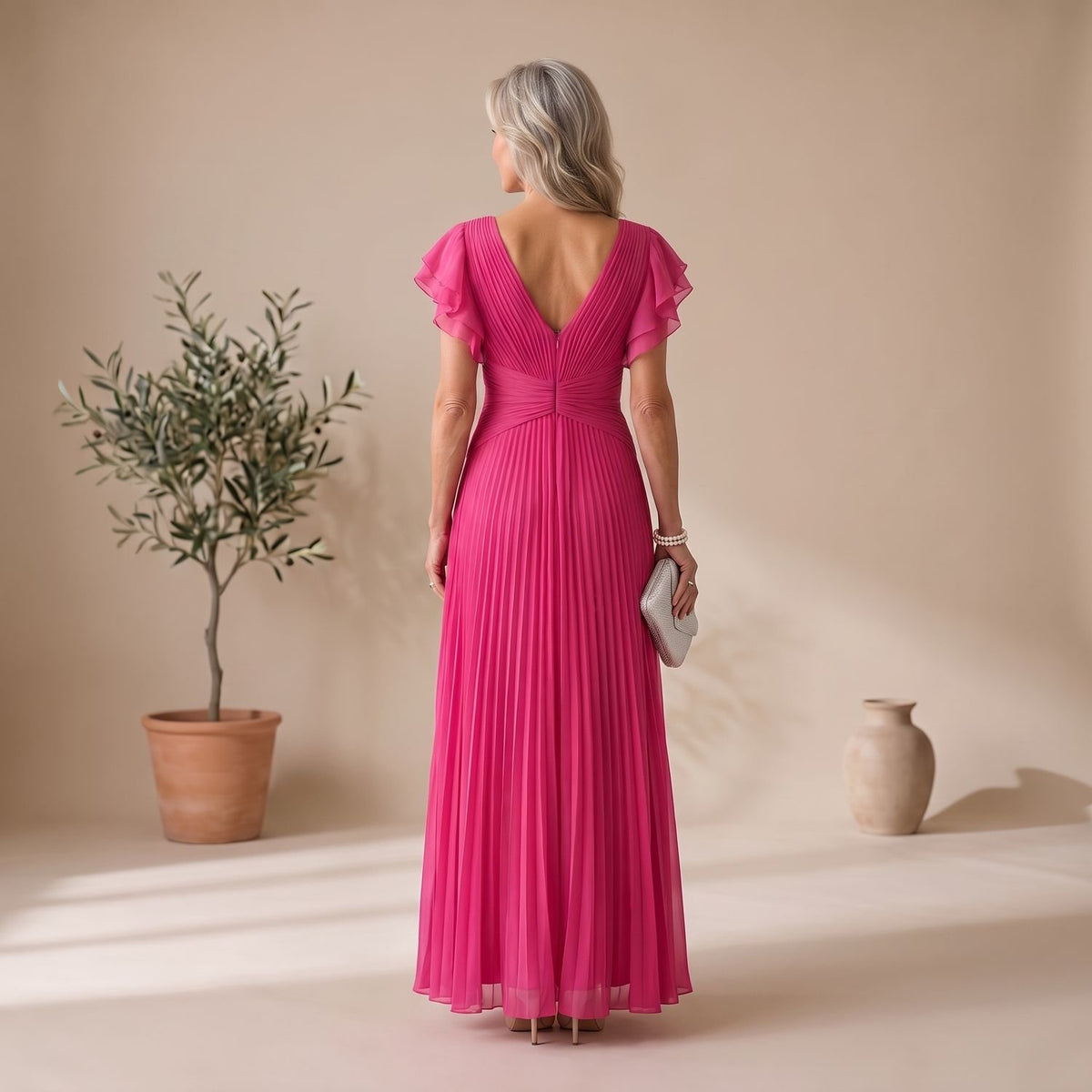 Women's Pleated Flutter-Sleeve Maxi Evening Gown