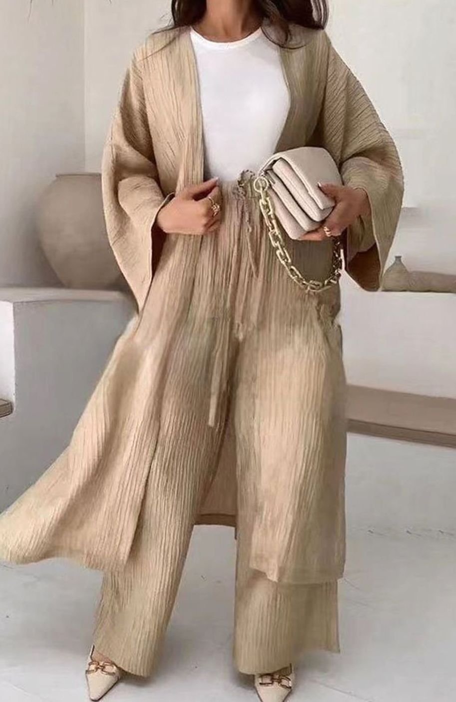 Women's Pleated Kimono Wide-Leg Trousers Two-Piece Set