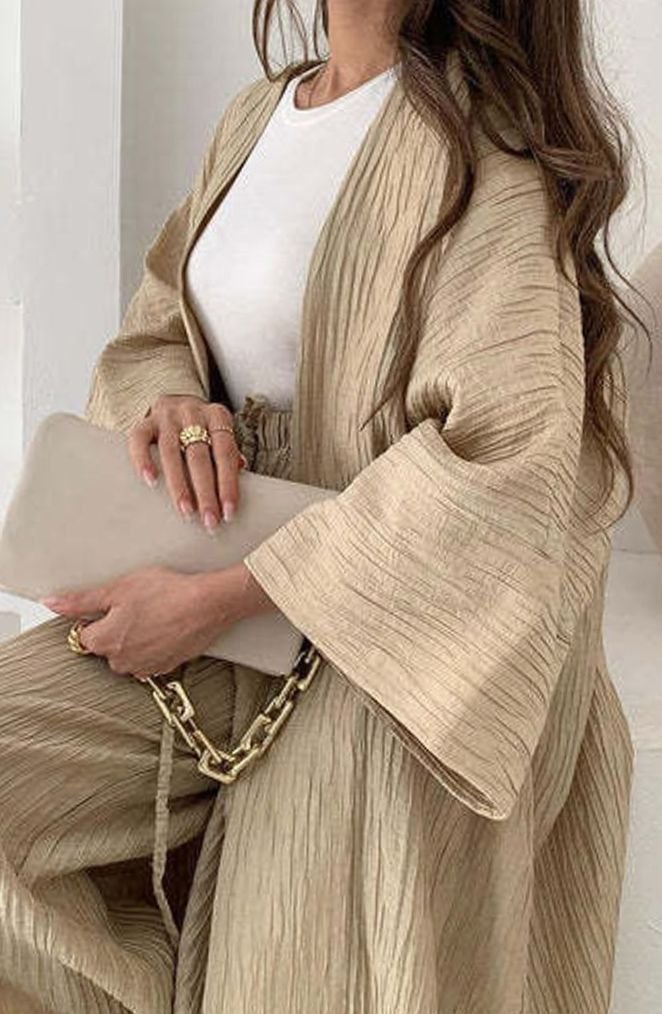 Women's Pleated Kimono Wide-Leg Trousers Two-Piece Set - Khaki