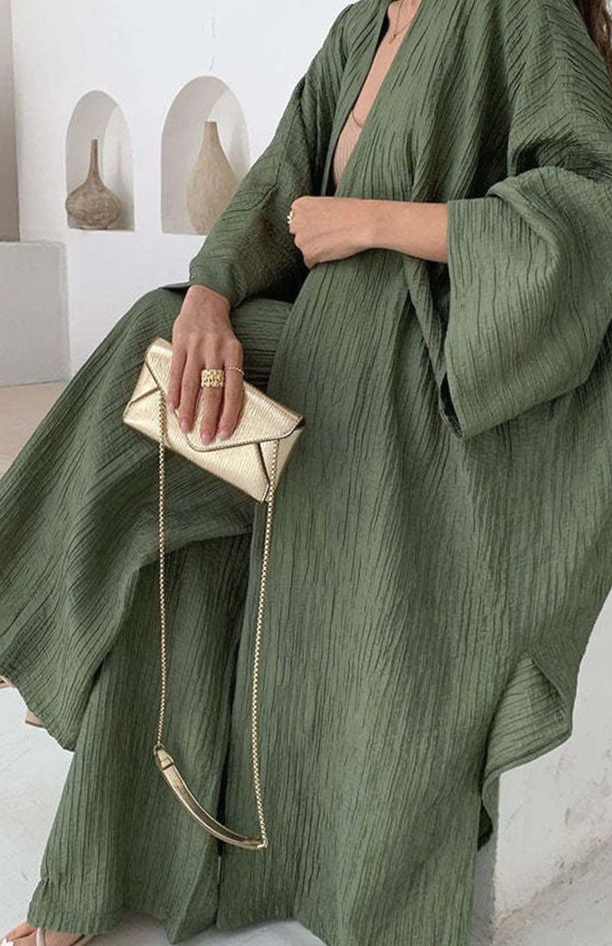 Women's Pleated Kimono Wide-Leg Trousers Two-Piece Set - Green