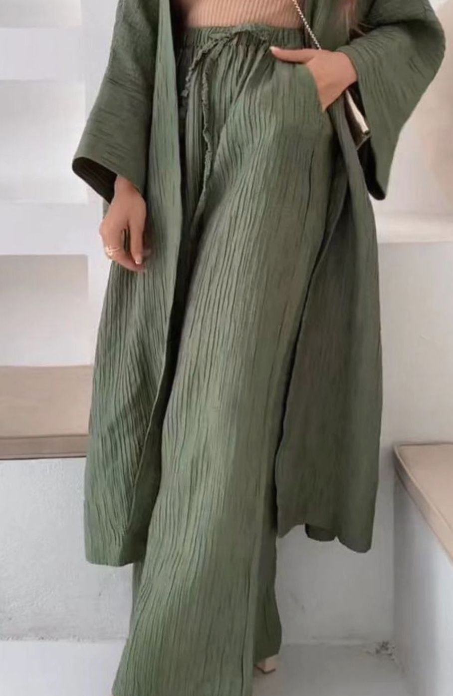 Women's Pleated Kimono Wide-Leg Trousers Two-Piece Set